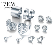 Load image into Gallery viewer, 17KM 8 pcs/ set New Gold Color Crystal Heart Earrings for Women Silver Color Water Drop Leaf Rings Engagement  Jewelry Set