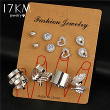Load image into Gallery viewer, 17KM 8 pcs/ set New Gold Color Crystal Heart Earrings for Women Silver Color Water Drop Leaf Rings Engagement  Jewelry Set