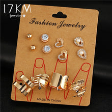 Load image into Gallery viewer, 17KM 8 pcs/ set New Gold Color Crystal Heart Earrings for Women Silver Color Water Drop Leaf Rings Engagement  Jewelry Set