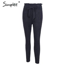 Load image into Gallery viewer, Simplee Suede high waist pencil pants capris Women bottom sash streetwear casual pants 2017 Autumn chic black winter trousers