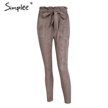 Load image into Gallery viewer, Simplee Suede high waist pencil pants capris Women bottom sash streetwear casual pants 2017 Autumn chic black winter trousers