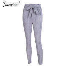 Load image into Gallery viewer, Simplee Suede high waist pencil pants capris Women bottom sash streetwear casual pants 2017 Autumn chic black winter trousers