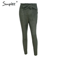 Load image into Gallery viewer, Simplee Suede high waist pencil pants capris Women bottom sash streetwear casual pants 2017 Autumn chic black winter trousers