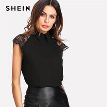 Load image into Gallery viewer, SHEIN Floral Lace Cap Sleeve Blouse Black Peter pan Collar Button Women Elegant Top Summer Short Sleeve Plain Workwear Blouse