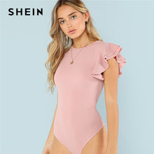 Load image into Gallery viewer, SHEIN Layered Ruffle Detail Textured Bodysuit 2018 Summer Round Neck Ruffle Bodysuit Clothing Women Pink Solid Casual Bodysuit