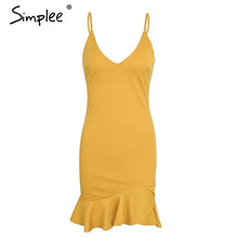 Load image into Gallery viewer, Simplee Sexy v neck ruffle strap mini dress women Skinny black mermaid dress 2018 Summer dress bodycon party vestido