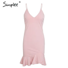 Load image into Gallery viewer, Simplee Sexy v neck ruffle strap mini dress women Skinny black mermaid dress 2018 Summer dress bodycon party vestido