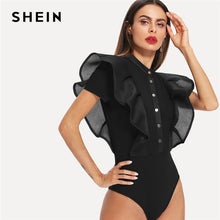 Load image into Gallery viewer, SHEIN Black Elegant Button Up Mesh Ruffle Trim Fitted Stand Collar Short Sleeve Skinny Bodysuit Summer Women Party Bodysuit