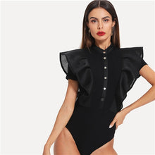 Load image into Gallery viewer, SHEIN Black Elegant Button Up Mesh Ruffle Trim Fitted Stand Collar Short Sleeve Skinny Bodysuit Summer Women Party Bodysuit