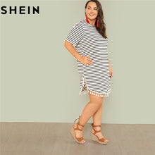 Load image into Gallery viewer, SHEIN Black and White Stripe Plus Size Straight Casual Mini Dress Women Summer Tassel Embellished Curved Hem Short Dresses