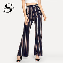 Load image into Gallery viewer, Sheinside Navy Women High Waist Pants Casual Clothes Elastic Waist Trousers Womens Clothing 2018 Autumn Striped Flare Pants
