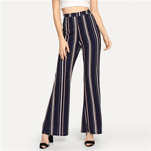 Load image into Gallery viewer, Sheinside Navy Women High Waist Pants Casual Clothes Elastic Waist Trousers Womens Clothing 2018 Autumn Striped Flare Pants