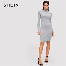 Load image into Gallery viewer, SHEIN Grey Elegant Office Lady Mock Neck Heathered Knit Solid Natural Waist Skinny Dress Autumn Casual Minimalist Women Dresses