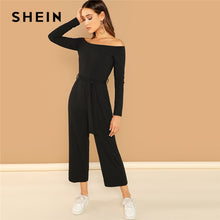 Load image into Gallery viewer, SHEIN Black Casual Off Shoulder Tie Waist Solid Wide Leg Long Sleeve Mid Waist Jumpsuit 2018 Autumn Office Lady Women Jumpsuits
