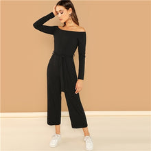 Load image into Gallery viewer, SHEIN Black Casual Off Shoulder Tie Waist Solid Wide Leg Long Sleeve Mid Waist Jumpsuit 2018 Autumn Office Lady Women Jumpsuits