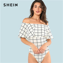 Load image into Gallery viewer, SHEIN White Ruffle Layered Neck Plaid Off the Shoulder Sleeveless Bodysuit Summer Women Modern Lady Casual Women Bodysuits
