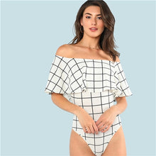 Load image into Gallery viewer, SHEIN White Ruffle Layered Neck Plaid Off the Shoulder Sleeveless Bodysuit Summer Women Modern Lady Casual Women Bodysuits