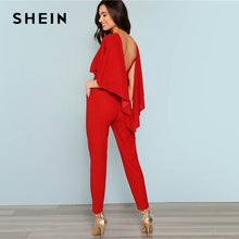 Load image into Gallery viewer, SHEIN Red Backless Open Shoulder Solid Cape Jumpsuit Elegant Cloak Sleeve Stretchy Jumpsuits Women Autumn Highstreet Jumpsuit