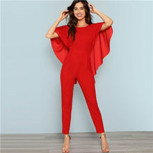 Load image into Gallery viewer, SHEIN Red Backless Open Shoulder Solid Cape Jumpsuit Elegant Cloak Sleeve Stretchy Jumpsuits Women Autumn Highstreet Jumpsuit
