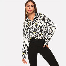 Load image into Gallery viewer, SHEIN Multicolor Pocket Patch Curved Hem Leopard Print Shirt Casual Highstreet Asymmetrical Women Autumn Button Blouse
