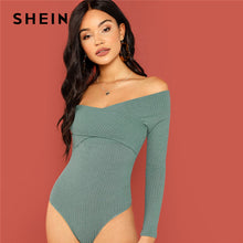 Load image into Gallery viewer, SHEIN Green Cross Wrap Front Rib Knit Bardot Bodysuit Elegant Off the Shoulder Skinny Bodysuits Women Autumn Plain Bodysuit