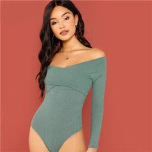 Load image into Gallery viewer, SHEIN Green Cross Wrap Front Rib Knit Bardot Bodysuit Elegant Off the Shoulder Skinny Bodysuits Women Autumn Plain Bodysuit