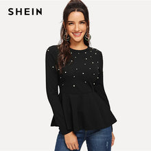 Load image into Gallery viewer, SHEIN Black Pearls Beaded Solid Peplum Top Elegant Round Neck Long Sleeve Flared Blouses Women Autumn Plain Minimalist Blouse