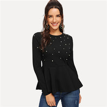 Load image into Gallery viewer, SHEIN Black Pearls Beaded Solid Peplum Top Elegant Round Neck Long Sleeve Flared Blouses Women Autumn Plain Minimalist Blouse