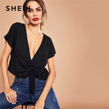 Load image into Gallery viewer, SHEIN Black Casual Solid Knot Front Deep V-Neck Cap Sleeve Crop Blouse Autumn Workwear Modern lady Women Tops And Blouses