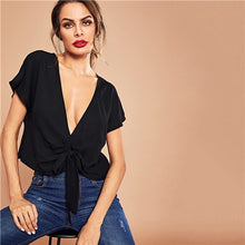 Load image into Gallery viewer, SHEIN Black Casual Solid Knot Front Deep V-Neck Cap Sleeve Crop Blouse Autumn Workwear Modern lady Women Tops And Blouses