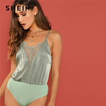 Load image into Gallery viewer, SHEIN Green Lace Trim Satin Bodysuit Elegant V neck Sleeveless Bodysuits Women Autumn Modern Lady Streetwear Sexy Bodysuits