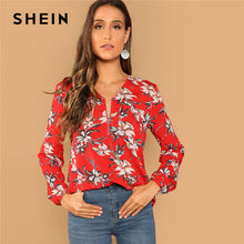 Load image into Gallery viewer, SHEIN Red Casual Floral Print Pocket Zip Half Placket V Neck Long Sleeve Blouse Autumn Vacation Holiday Women Tops And Blouses