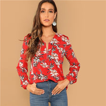 Load image into Gallery viewer, SHEIN Red Casual Floral Print Pocket Zip Half Placket V Neck Long Sleeve Blouse Autumn Vacation Holiday Women Tops And Blouses