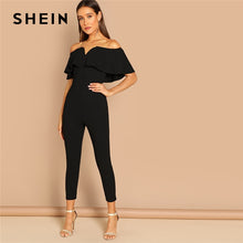 Load image into Gallery viewer, SHEIN Black Elegant Office Lady Solid Off Shoulder Short Sleeve Ruffle Skinny Jumpsuit Autumn Workwear Going Out Women Jumpsuits