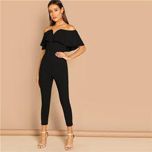 Load image into Gallery viewer, SHEIN Black Elegant Office Lady Solid Off Shoulder Short Sleeve Ruffle Skinny Jumpsuit Autumn Workwear Going Out Women Jumpsuits