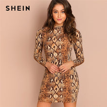 Load image into Gallery viewer, SHEIN Brown Party Sexy Snake Skin Mock Neck Long Sleeve Skinny Short Dress Autumn Club Elegant Modern Lady Women Dresses