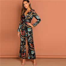 Load image into Gallery viewer, SHEIN Multicolor Waist Knot Chain Print V-Neck Jumpsuit Going Out Elegant Office Lady Long Sleeve 2018 Autumn Women Jumpsuits