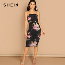 Load image into Gallery viewer, SHEIN Multicolor Flower Print Cami Dress Knee Length Mid Waist Slim Fit Spaghetti Dress 2018 Autumn Modern Lady Women Dresses