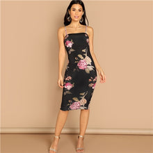 Load image into Gallery viewer, SHEIN Multicolor Flower Print Cami Dress Knee Length Mid Waist Slim Fit Spaghetti Dress 2018 Autumn Modern Lady Women Dresses