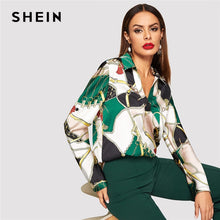 Load image into Gallery viewer, SHEIN Multicolor Equestrian Print Collared V-neck Satin Top Elegant Long Sleeve Pullover Women Autumn Casual Tops And Blouses