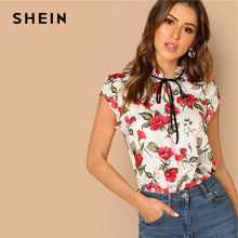 Load image into Gallery viewer, SHEIN Multicolor Tie Neck Ruffle Armhole Floral Top Elegant Stand Collar Cap Sleeve Pullover Women 2018 Autumn Minimalist Blouse