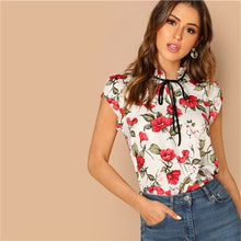 Load image into Gallery viewer, SHEIN Multicolor Tie Neck Ruffle Armhole Floral Top Elegant Stand Collar Cap Sleeve Pullover Women 2018 Autumn Minimalist Blouse