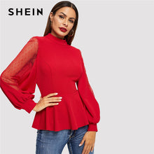 Load image into Gallery viewer, SHEIN Office Lady Red Dot Mesh Insert Balloon Sleeve Peplum Top Stand Collar Blouse Women Autumn 2019 Plain Tops and Blouses
