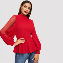 Load image into Gallery viewer, SHEIN Office Lady Red Dot Mesh Insert Balloon Sleeve Peplum Top Stand Collar Blouse Women Autumn 2019 Plain Tops and Blouses