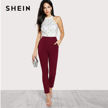 Load image into Gallery viewer, SHEIN Zip Back Halter Backless Pocket High Waist Skinny Jumpsuit Women 2019 Summer Maxi Deep V Neck Long Sleeve Jumpsuit