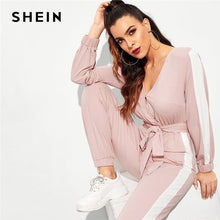 Load image into Gallery viewer, SHEIN Hot Pink Contrast Side Seam Wrap Striped Mid Waist Jumpsuit With Belt Women Maxi Deep V Neck Long Sleeve Jumpsuit