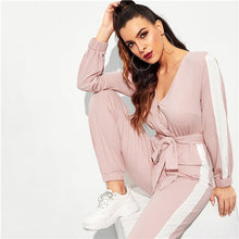 Load image into Gallery viewer, SHEIN Hot Pink Contrast Side Seam Wrap Striped Mid Waist Jumpsuit With Belt Women Maxi Deep V Neck Long Sleeve Jumpsuit
