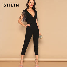 Load image into Gallery viewer, SHEIN Party Black Plunging Neck Fringe Fitted Skinny Jumpsuit 2019 Summer Women Maxi Deep V Neck Long Sleeve Jumpsuit