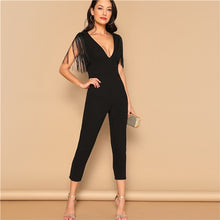Load image into Gallery viewer, SHEIN Party Black Plunging Neck Fringe Fitted Skinny Jumpsuit 2019 Summer Women Maxi Deep V Neck Long Sleeve Jumpsuit