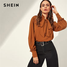 Load image into Gallery viewer, SHEIN Rust Frill Detail Tied Neck Bishop Sleeve Buttoned Cuff Elegant Blouse Women Autumn Stand Collar Plain Office Top Blouses